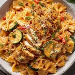 Creamy Chicken Pasta with Summer Vegetables topped with sliced Cajun chicken, zucchini, tomatoes, parmesan, and green onions