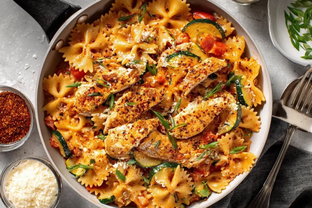 Creamy Chicken Pasta with Summer Vegetables served in a skillet with Cajun chicken, bowtie pasta, zucchini, bell peppers, and parmesan