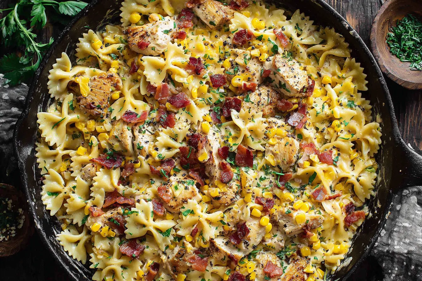 Creamy Chicken and Corn Pasta with Bacon in a skillet with bow-tie pasta, grilled chicken, corn, and crispy bacon