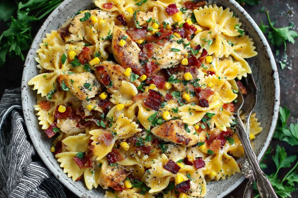 Creamy Chicken and Corn Pasta with Bacon served in a bowl with bow-tie pasta, crispy bacon, sweet corn, and herbs