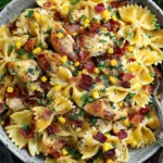 Creamy Chicken and Corn Pasta with Bacon served in a bowl with bow-tie pasta, crispy bacon, sweet corn, and herbs