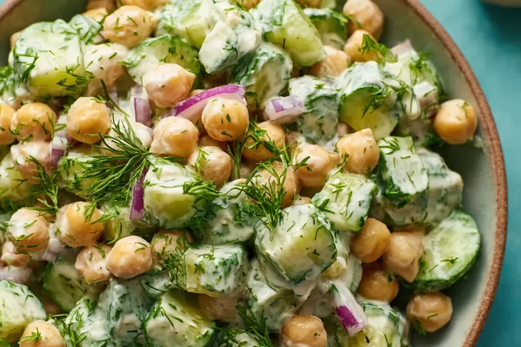 Creamy Chickpea Salad with cucumber, red onion, and fresh dill tossed in a creamy Greek yogurt dressing