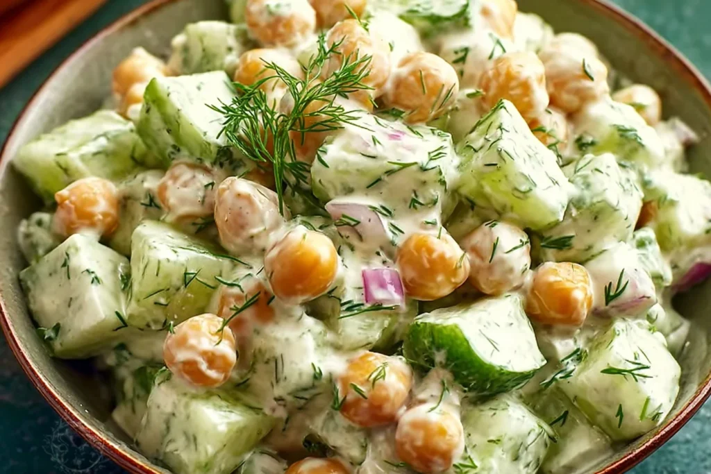 Creamy Chickpea Salad with crisp cucumber chunks, red onion, and fresh dill in a tangy Greek yogurt dressing