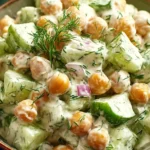 Creamy Chickpea Salad with crisp cucumber chunks, red onion, and fresh dill in a tangy Greek yogurt dressing