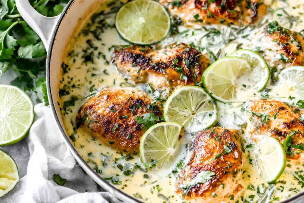 Creamy Coconut Lime Chicken in a skillet with coconut milk sauce, fresh lime slices, and cilantro