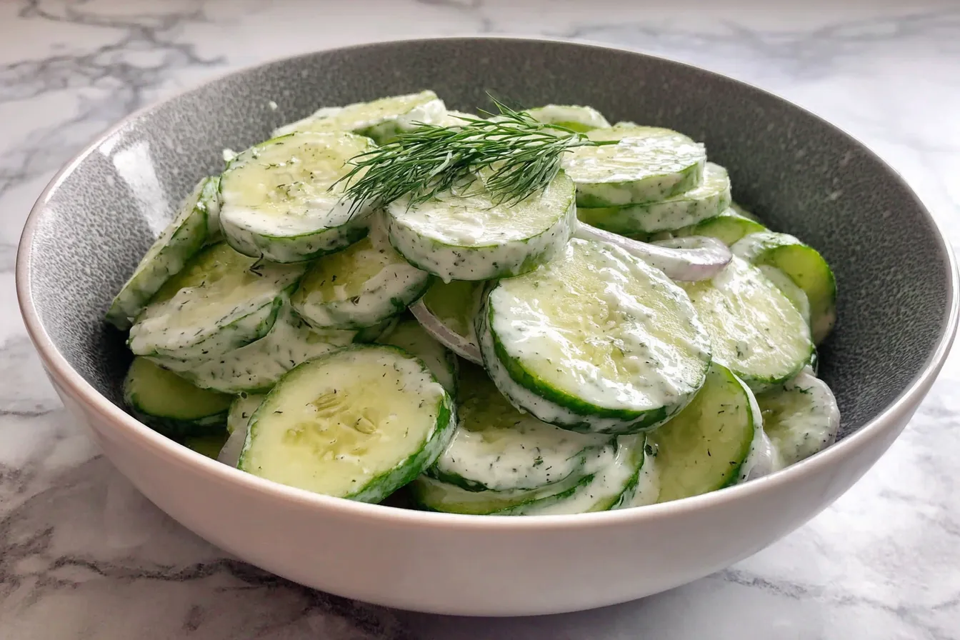 Creamy Cucumber Salad with fresh dill and thin cucumber slices in a gray bowl