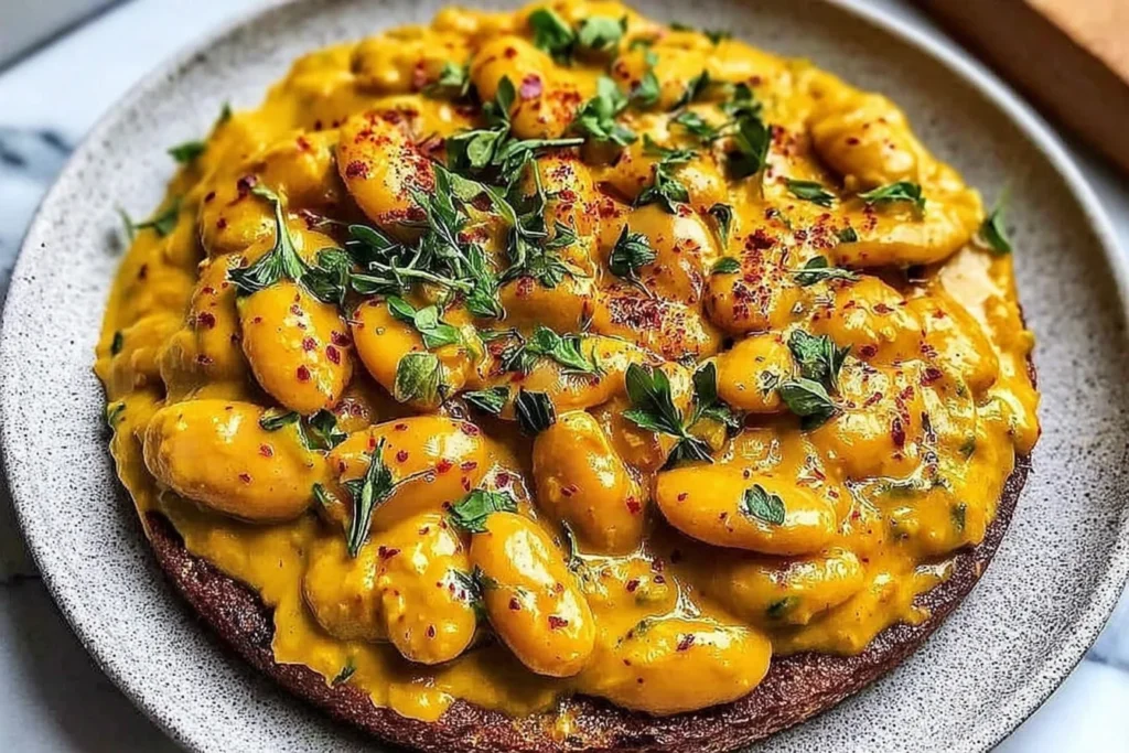 Creamy Curried Butter Beans served on toasted sourdough with coconut curry sauce, chili flakes, and fresh herbs.