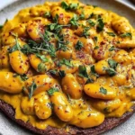 Creamy Curried Butter Beans served on toasted sourdough with coconut curry sauce, chili flakes, and fresh herbs.