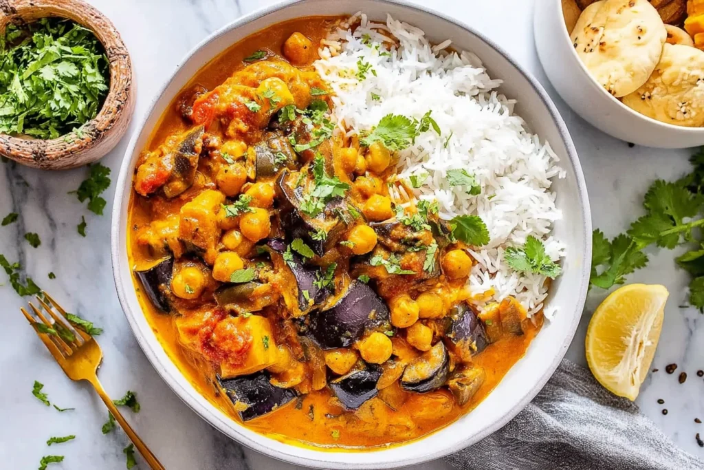 Eggplant Curry with chickpeas, coconut milk, and basmati rice in a bowl topped with fresh cilantro and lemon