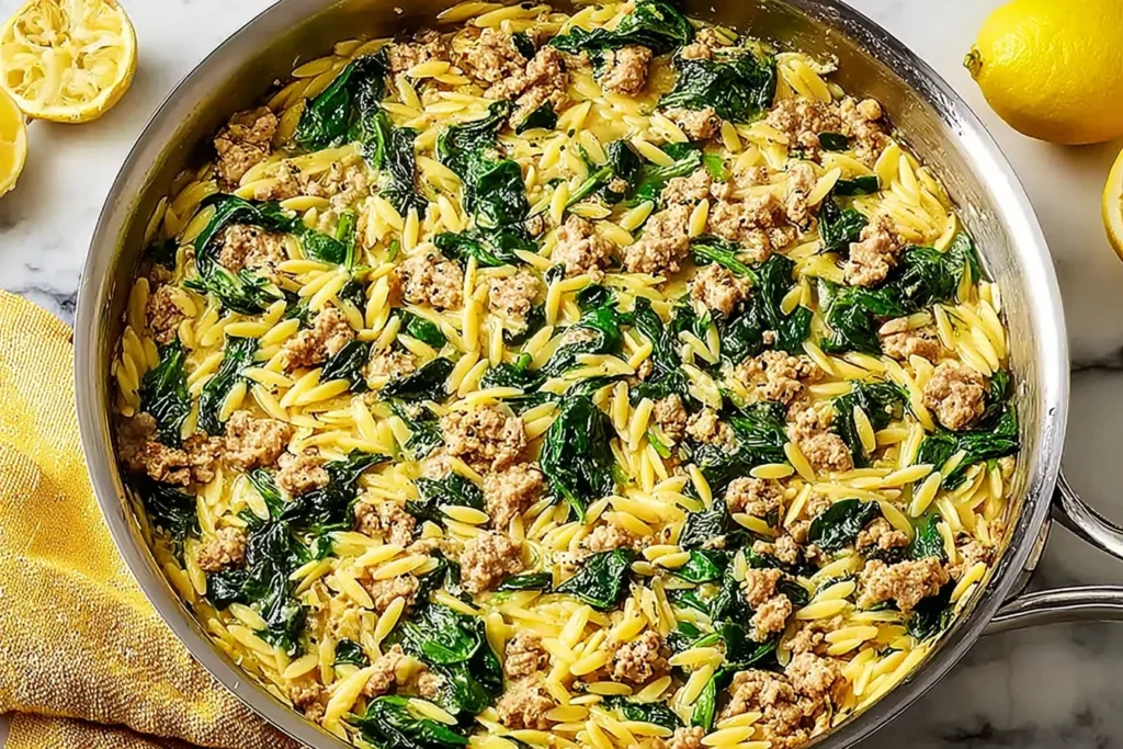 Italian Ground Turkey Spinach Orzo in a skillet with tender orzo, browned ground turkey, wilted spinach, Parmesan, and fresh lemon.