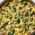 Italian Ground Turkey Spinach Orzo in a skillet with tender orzo, browned ground turkey, wilted spinach, Parmesan, and fresh lemon.