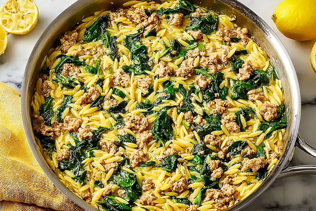 Italian Ground Turkey Spinach Orzo in a skillet with tender orzo, browned ground turkey, wilted spinach, Parmesan, and fresh lemon.