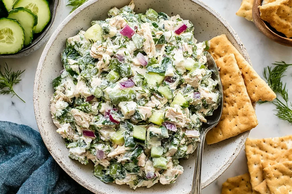 Tzatziki Chicken Salad with Greek yogurt, cucumber, dill, red onion, and feta served in a bowl with crackers