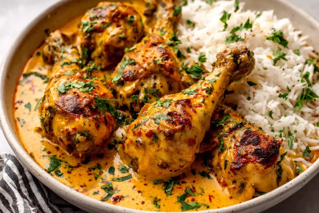 Creamy Paprika Chicken Drumsticks with Steamed Rice garnished with herbs and red pepper flakes