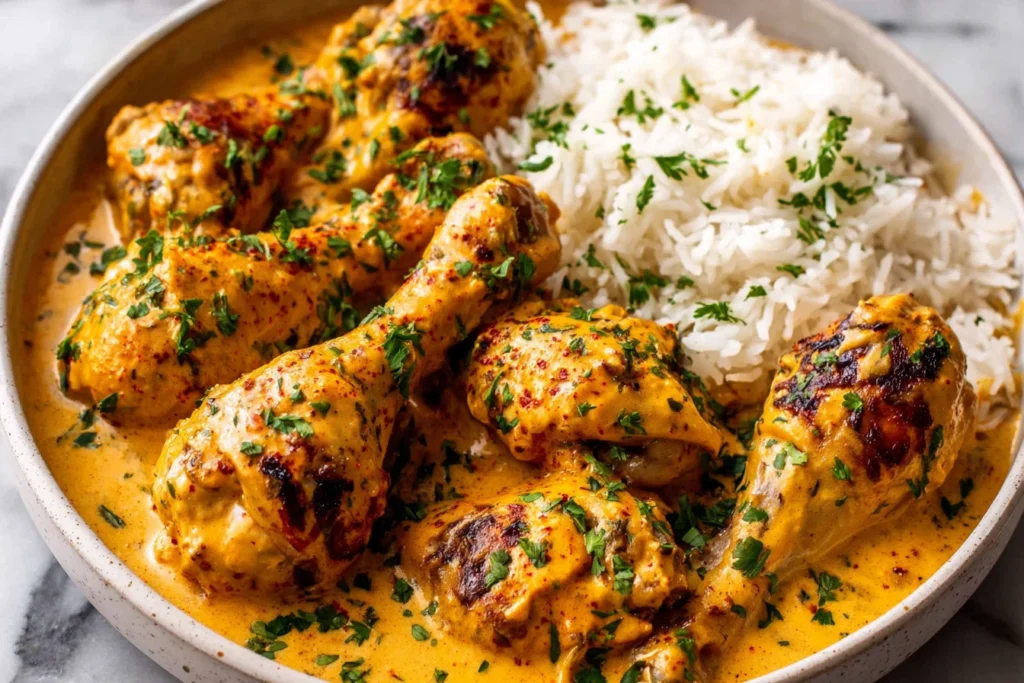 Creamy Paprika Chicken Drumsticks with Steamed Rice in a bowl with golden roasted chicken and creamy sauce