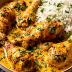 Creamy Paprika Chicken Drumsticks with Steamed Rice served with rich paprika sauce and fresh parsley