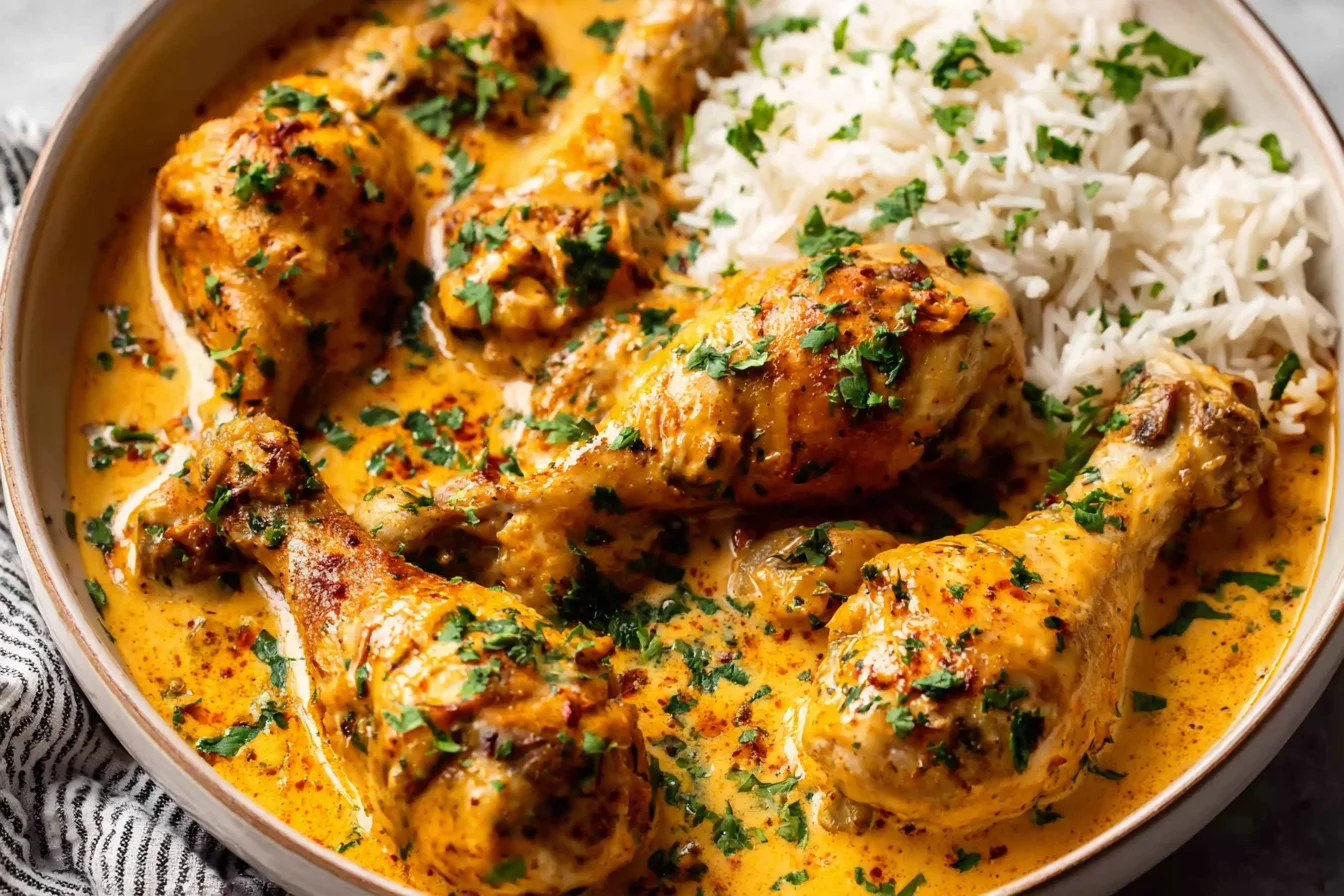 Creamy Paprika Chicken Drumsticks with Steamed Rice served with rich paprika sauce and fresh parsley