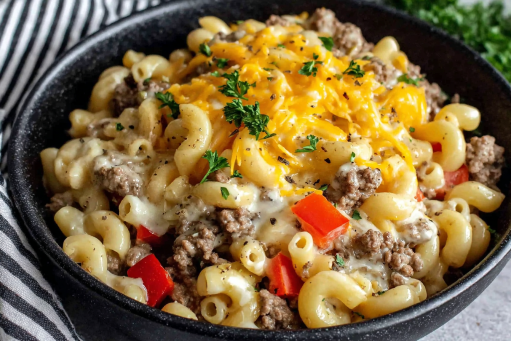 High-Protein Creamy Philly Cheesesteak Mac & Cheese topped with cheddar and parsley in a cozy bowl