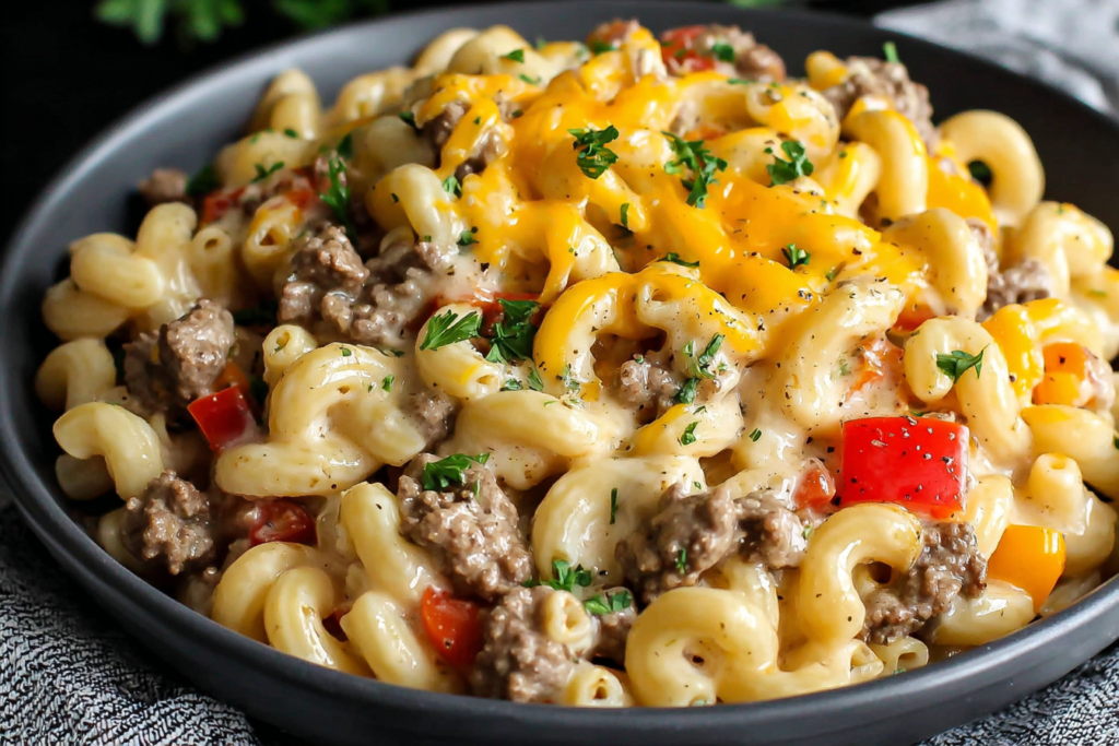 High-Protein Creamy Philly Cheesesteak Mac & Cheese with elbow pasta, beef, and melted cheese topping