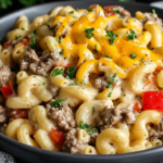 High-Protein Creamy Philly Cheesesteak Mac & Cheese with elbow pasta, beef, and melted cheese topping