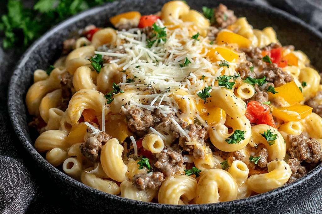 High-Protein Creamy Philly Cheesesteak Mac & Cheese with ground beef, bell peppers, and melted cheese in a skillet