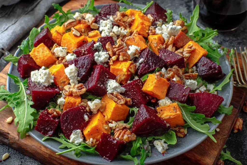 Creamy Roasted Beet Salad with Sweet Potato & Feta topped with walnuts and crumbled cheese on fresh arugula, vibrant healthy salad