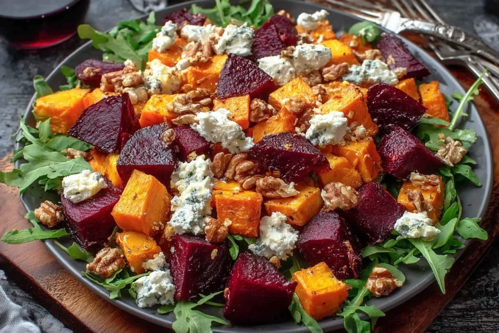 Creamy Roasted Beet Salad with Sweet Potato & Feta served on arugula with walnuts and crumbled cheese, vibrant and healthy dish