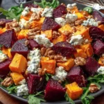 Creamy Roasted Beet Salad with Sweet Potato & Feta served on arugula with walnuts and crumbled cheese, vibrant and healthy dish