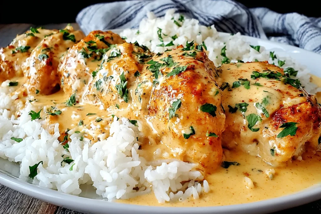 Creamy Smothered Chicken and Rice topped with creamy sauce and fresh parsley over rice