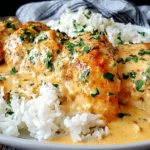 Creamy Smothered Chicken and Rice topped with creamy sauce and fresh parsley over rice