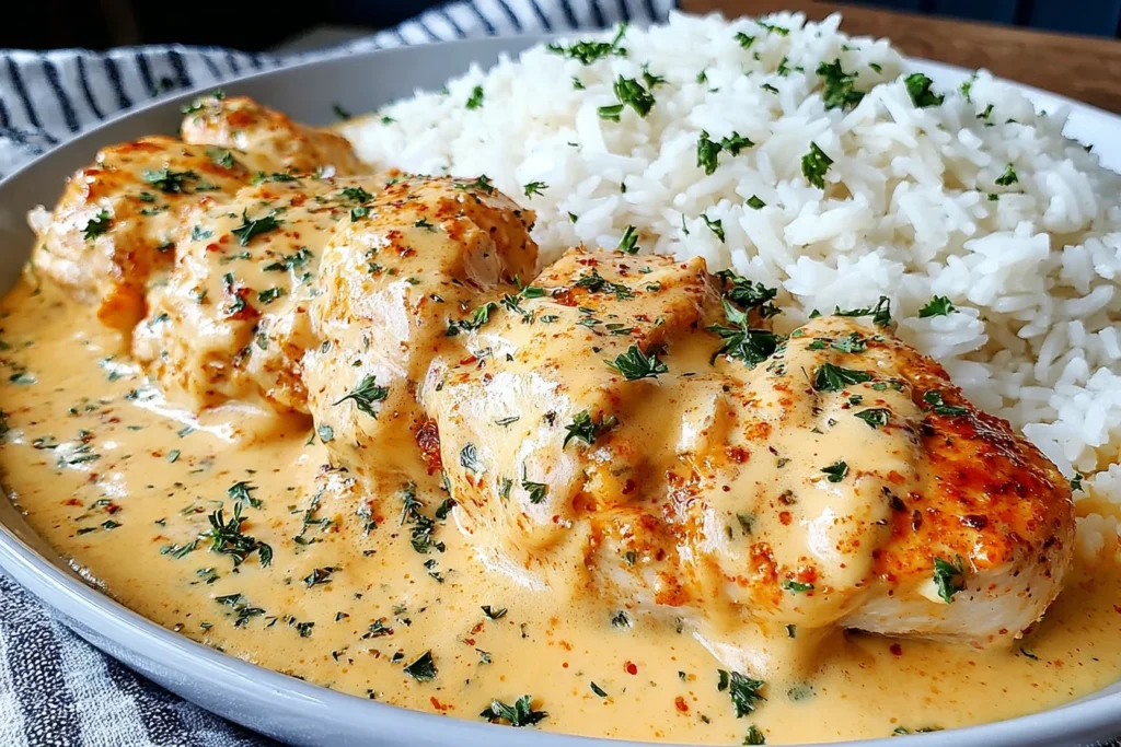 Creamy Smothered Chicken and Rice with golden chicken and rich sauce over fluffy white rice