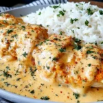Creamy Smothered Chicken and Rice with golden chicken and rich sauce over fluffy white rice