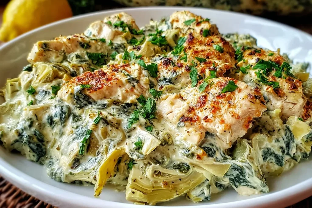 High-Protein Spinach and Artichoke Chicken Casserole served creamy with melted cheese, tender chicken, spinach, and artichokes in a baked dish