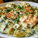 High-Protein Spinach and Artichoke Chicken Casserole served creamy with melted cheese, tender chicken, spinach, and artichokes in a baked dish
