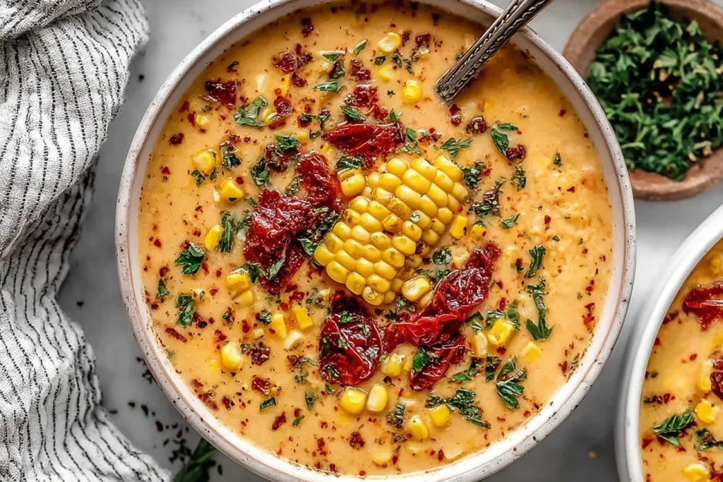 Creamy Sun Dried Tomato Corn Chowder topped with fresh corn, herbs, and sun-dried tomatoes in a cozy bowl