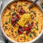 Creamy Sun Dried Tomato Corn Chowder topped with fresh corn, herbs, and sun-dried tomatoes in a cozy bowl