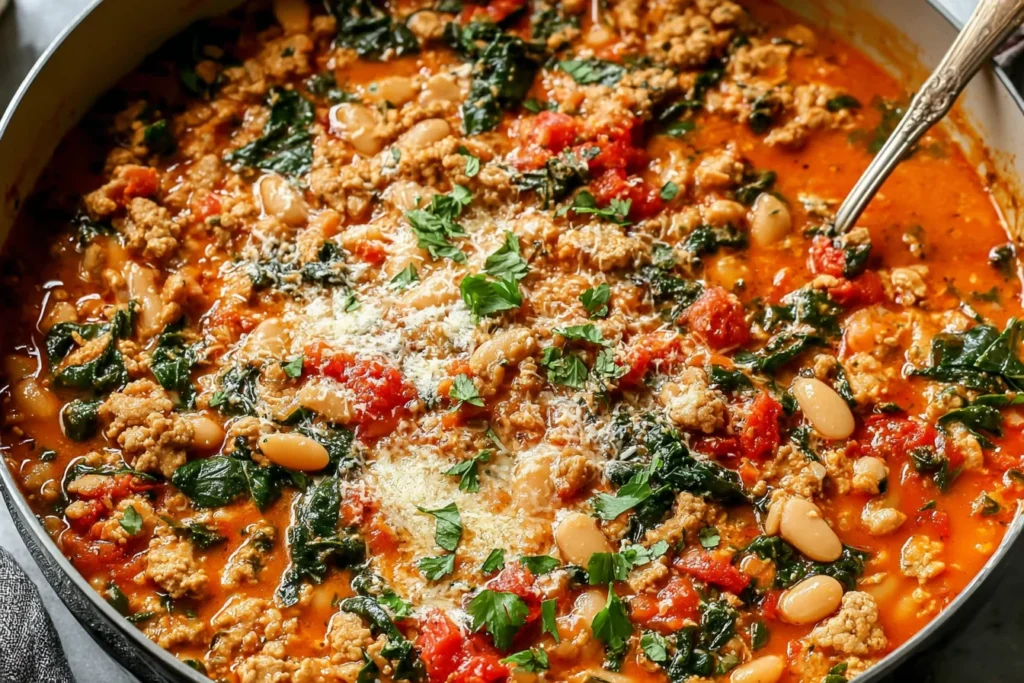 Tuscan Turkey and White Bean Skillet simmering in a creamy tomato sauce with kale, Parmesan, and tender white beans in a one-pan meal.