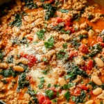Tuscan Turkey and White Bean Skillet simmering in a creamy tomato sauce with kale, Parmesan, and tender white beans in a one-pan meal.