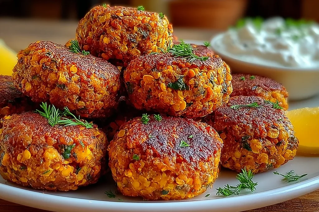 Baked Greek Lentil Meatballs with Tzatziki on a plate, golden and crispy lentil meatballs garnished with dill, served with creamy yogurt sauce and lemon wedges.