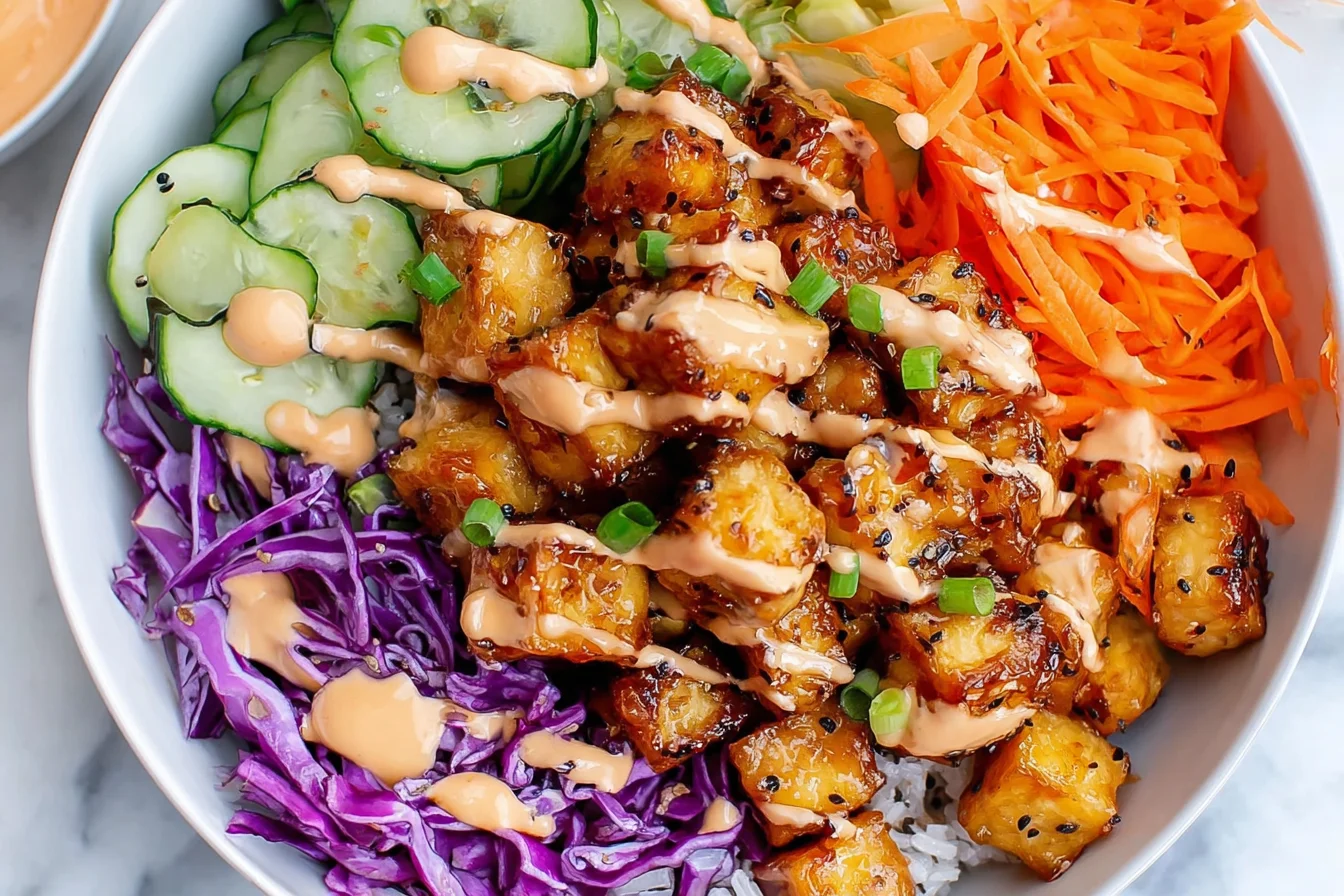 Crispy Bang Bang Tofu bowl with rice, cabbage, carrots, and cucumber drizzled with spicy creamy sauce