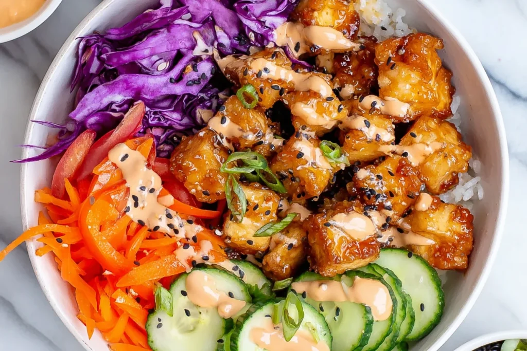 Bang Bang Tofu bowl with crispy tofu, rice, purple cabbage, carrots, and cucumber topped with creamy spicy sauce