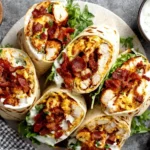 Crispy Chicken Bacon Ranch Wrap halves with bacon ranch drizzle and fresh vegetables