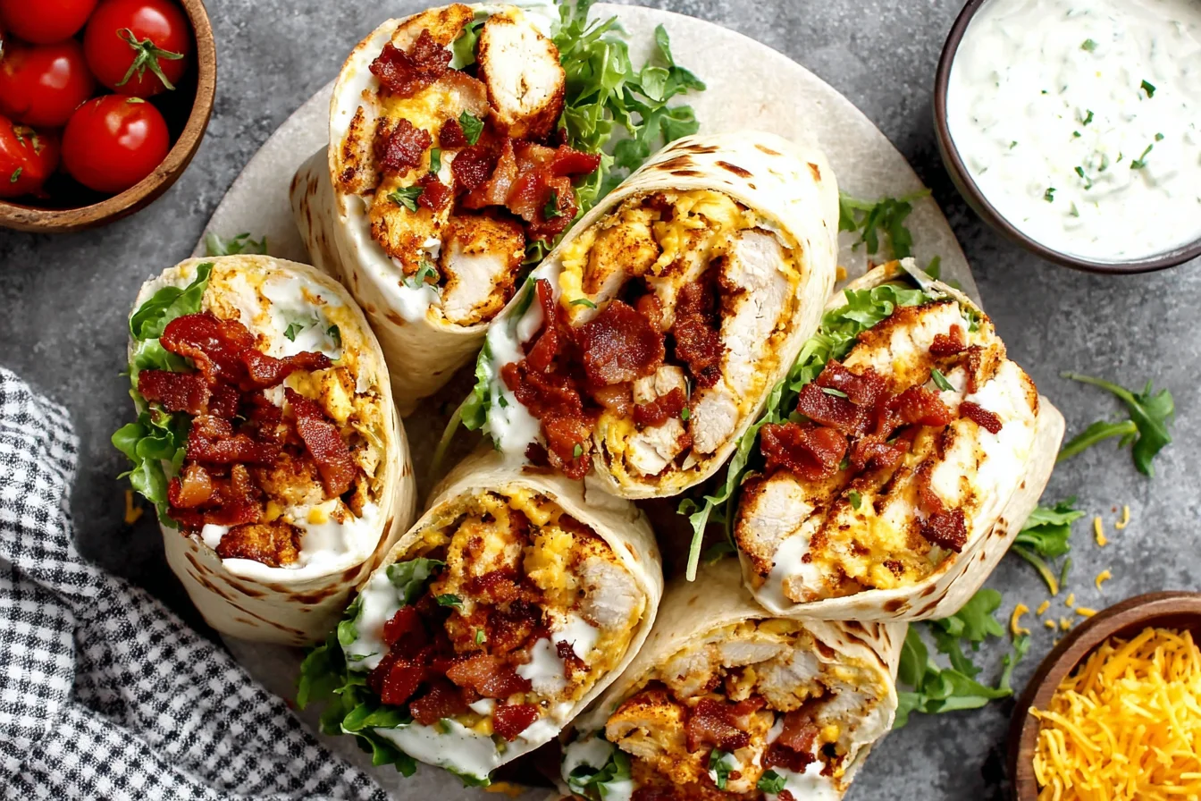Crispy Chicken Bacon Ranch Wrap halves with bacon ranch drizzle and fresh vegetables