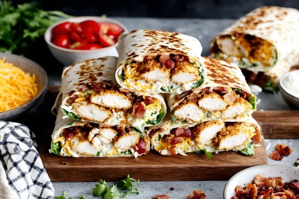 Crispy Chicken Bacon Ranch Wrap sliced with crispy chicken bacon and ranch filling