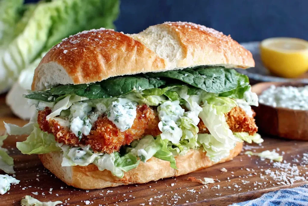 Crispy Chicken Caesar Sandwich stacked with crunchy chicken, romaine lettuce, Parmesan cheese, and creamy Caesar dressing