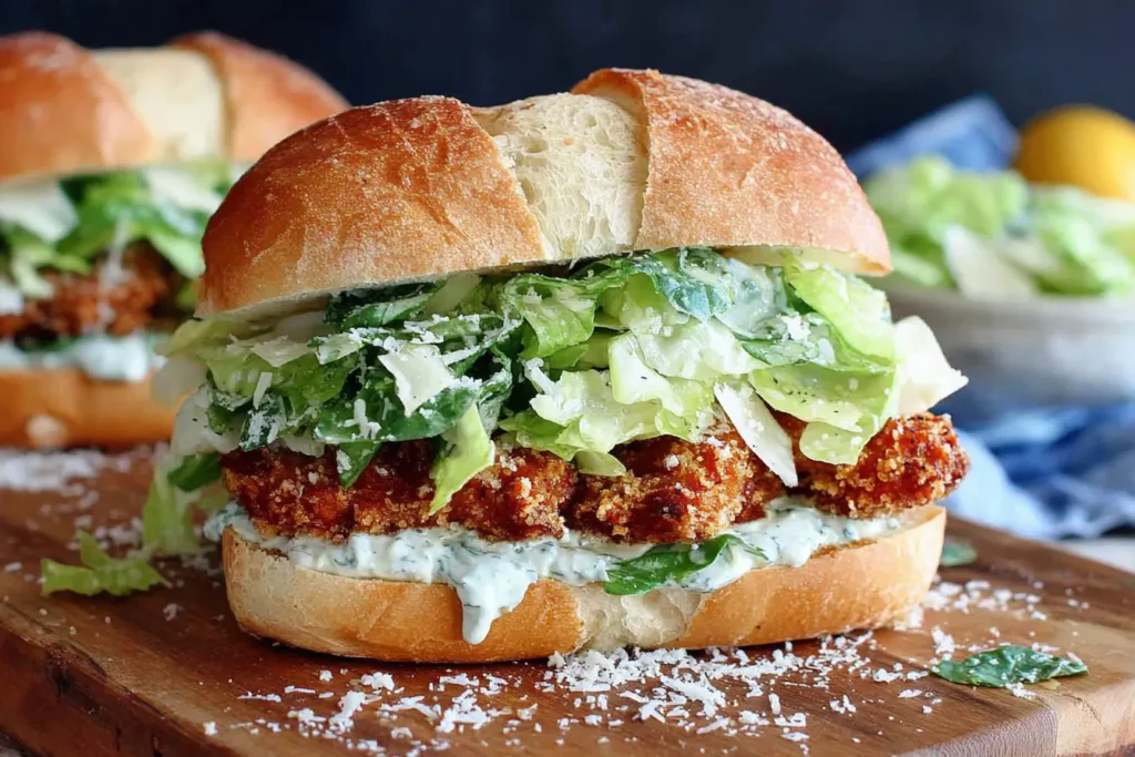 Crispy Chicken Caesar Sandwich with golden breaded chicken, romaine lettuce, Parmesan, and creamy Caesar dressing on a crusty baguette