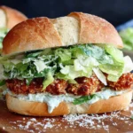 Crispy Chicken Caesar Sandwich with golden breaded chicken, romaine lettuce, Parmesan, and creamy Caesar dressing on a crusty baguette