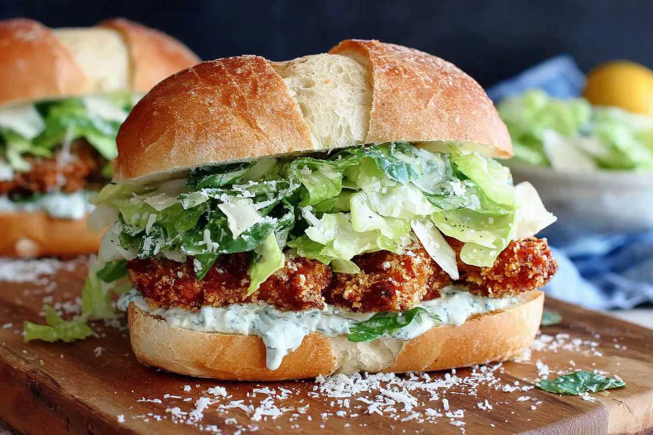 Crispy Chicken Caesar Sandwich with golden breaded chicken, romaine lettuce, Parmesan, and creamy Caesar dressing on a crusty baguette