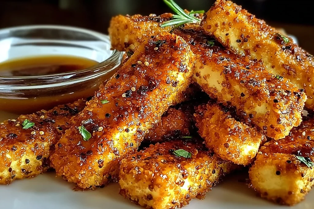 Crispy Honey Mustard Tofu Tenders plated with dipping sauce, golden brown and crunchy with a sweet tangy glaze and herb garnish