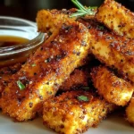 Crispy Honey Mustard Tofu Tenders plated with dipping sauce, golden brown and crunchy with a sweet tangy glaze and herb garnish